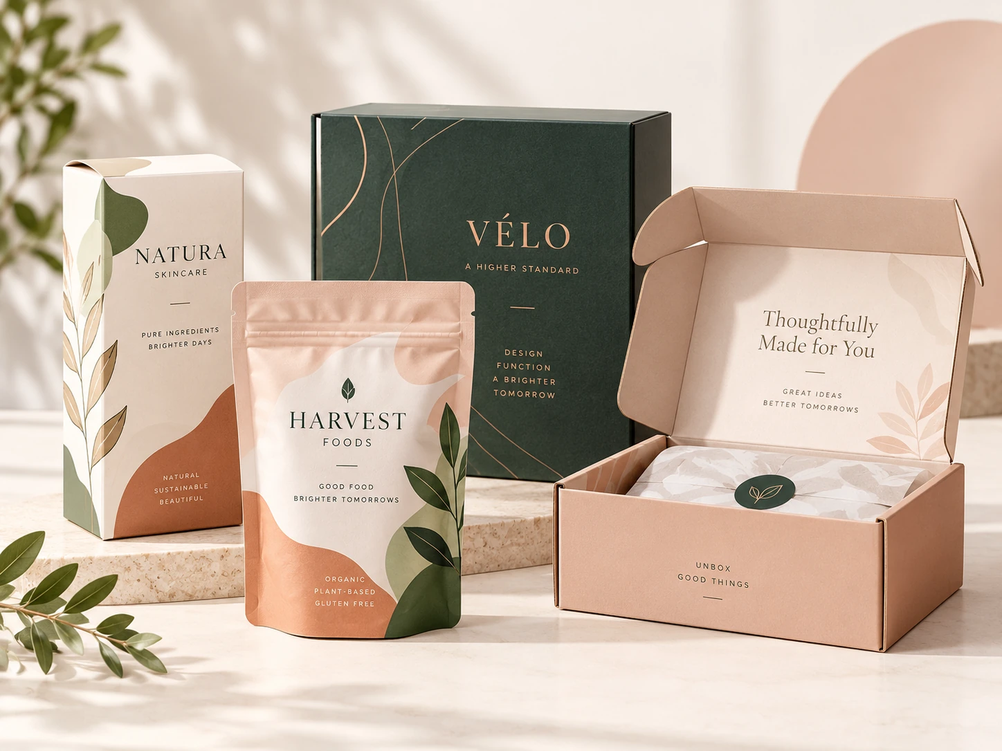 Illustrative custom packaging: printed retail boxes, a stand-up pouch and an open blush mailer